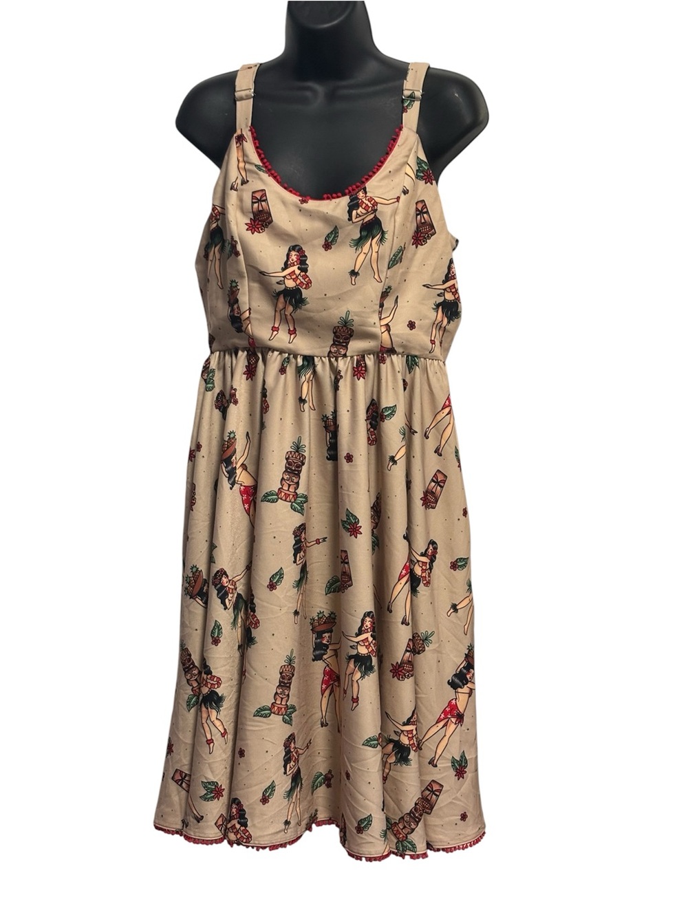 Sourpuss  Beige Tropical Tiki Print Dress with Red Trim medium